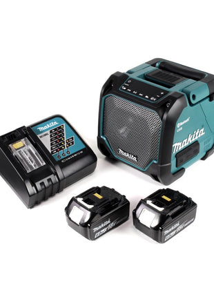 Makita DMR 202 RG Baustellen Lautsprecher 18V - für Akku- und Netzbetrieb, mit Bluetooth-Funktion, AUX-Anschluss, USB-Port, LCD Display + 2x 6,0 Ah Akku + Ladegerät - Toolbrothers