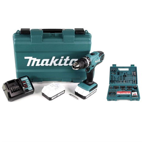 Makita HP 457 DWE 18 V Li-Ion Akku Schlagbohrschrauber im Transportkoffer + 2 x 1,5 Ah Akku + Ladegerät + Makita B-53811 Bit & Bohrer-Set 100-teilig mit Bithalter in Kunstoffkoffer - Toolbrothers