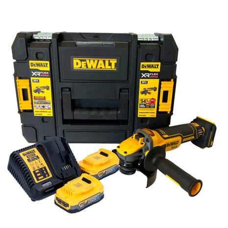 Akumulatorowa szlifierka kątowa DeWalt DCG 409 E2T 18 V 125 mm bezszczotkowa + 2x akumulator Powerstack 1,7 Ah + ładowarka + TSTAK