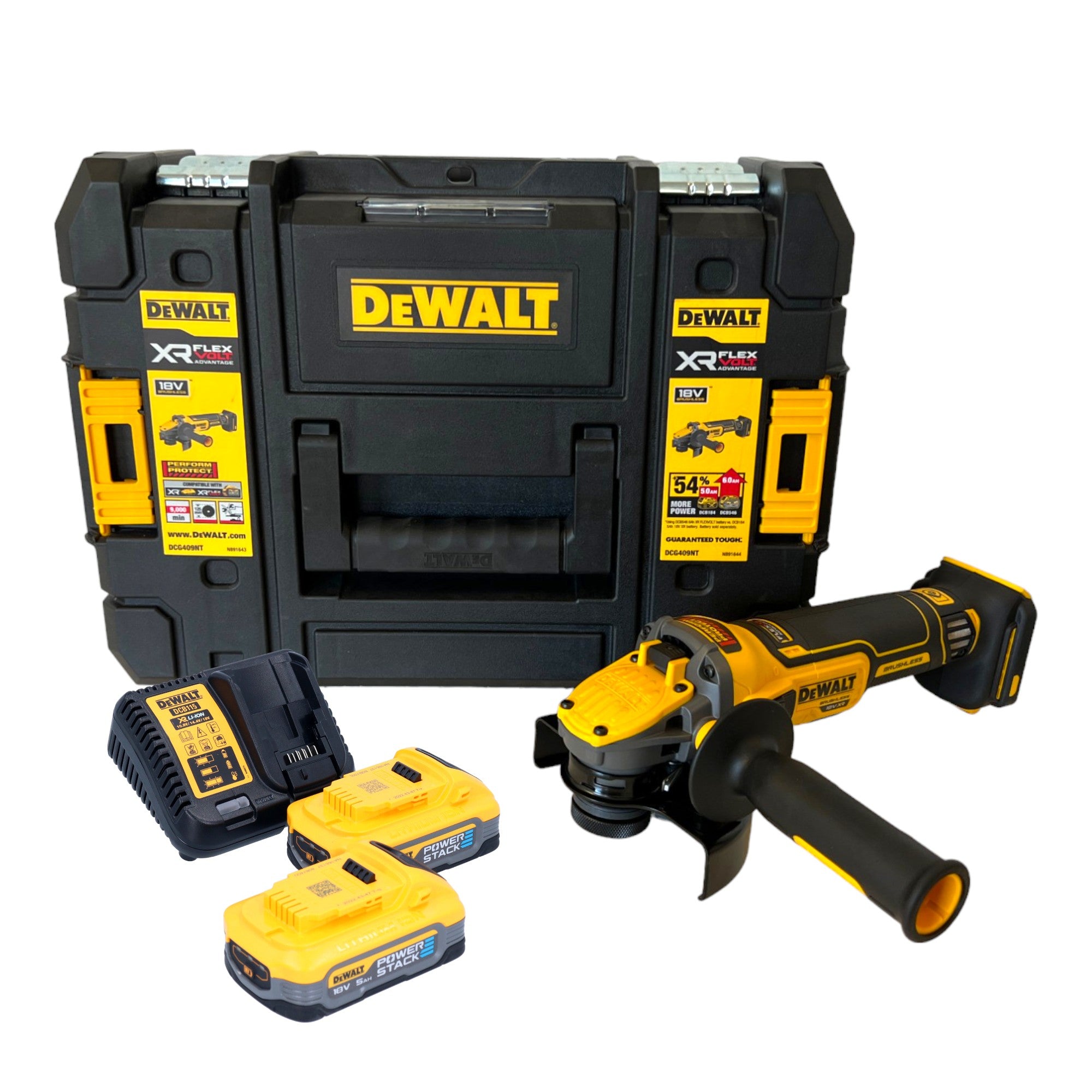 DeWalt DCG 409 H2T Akku Winkelschleifer 18 V 125 mm Brushless 2x Powerstack Akku 5 0 Ah Ladegeraet TSTAK 0 - toolbrothers
