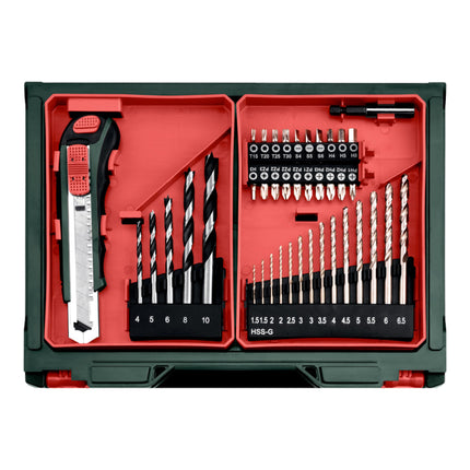 Metabo Powermaxx BS Basic Set akumulatorowa wiertarko-wkrętarka 12 V 34 Nm ( 600080710 ) + 2x akumulator 2,0 Ah + ładowarka + 41-cz. zestaw akcesoriów + walizka