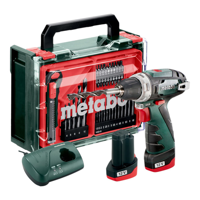 Metabo Powermaxx BS Basic Set akumulatorowa wiertarko-wkrętarka 12 V 34 Nm ( 600080710 ) + 2x akumulator 2,0 Ah + ładowarka + 41-cz. zestaw akcesoriów + walizka