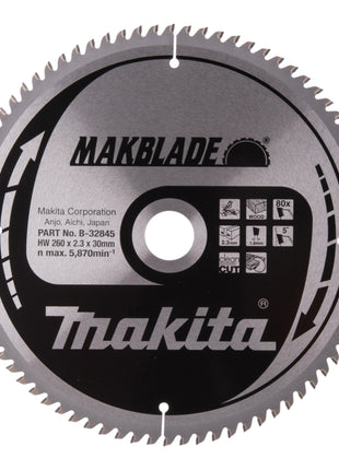 Lame de scie circulaire Makita MAKBLADE 260 x 30 x 2,3 mm 80 dents (B-32845) pour le bois