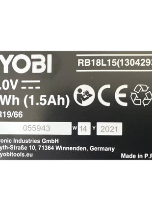 Akumulator Ryobi RB18L15 18 V 1,5 Ah / 1500 mAh Li-Ion ONE+ ( 5133001905 ) ze wskaźnikiem poziomu naładowania