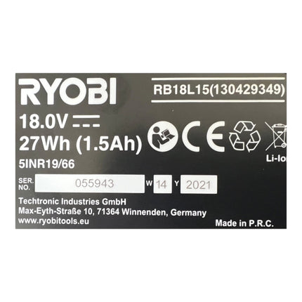 Akumulator Ryobi RB18L15 18 V 1,5 Ah / 1500 mAh Li-Ion ONE+ ( 5133001905 ) ze wskaźnikiem poziomu naładowania