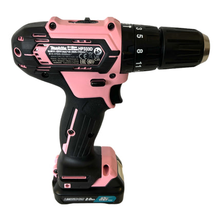 Makita HP 333 DSAP1 akumulatorowa wiertarko-wkrętarka udarowa 12 V 30 Nm różowa + 1x akumulator 2,0 Ah + ładowarka + torba
