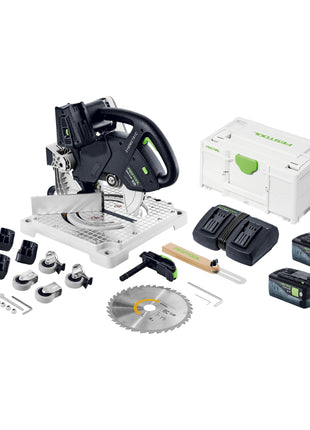 Festool SYMC 70 EB-Basic SYMMETRIC Akku Leistensäge 36 V ( 2 x 18 V ) 216 mm + 2x Akku 5,0 Ah + Doppelladegerät + Systainer