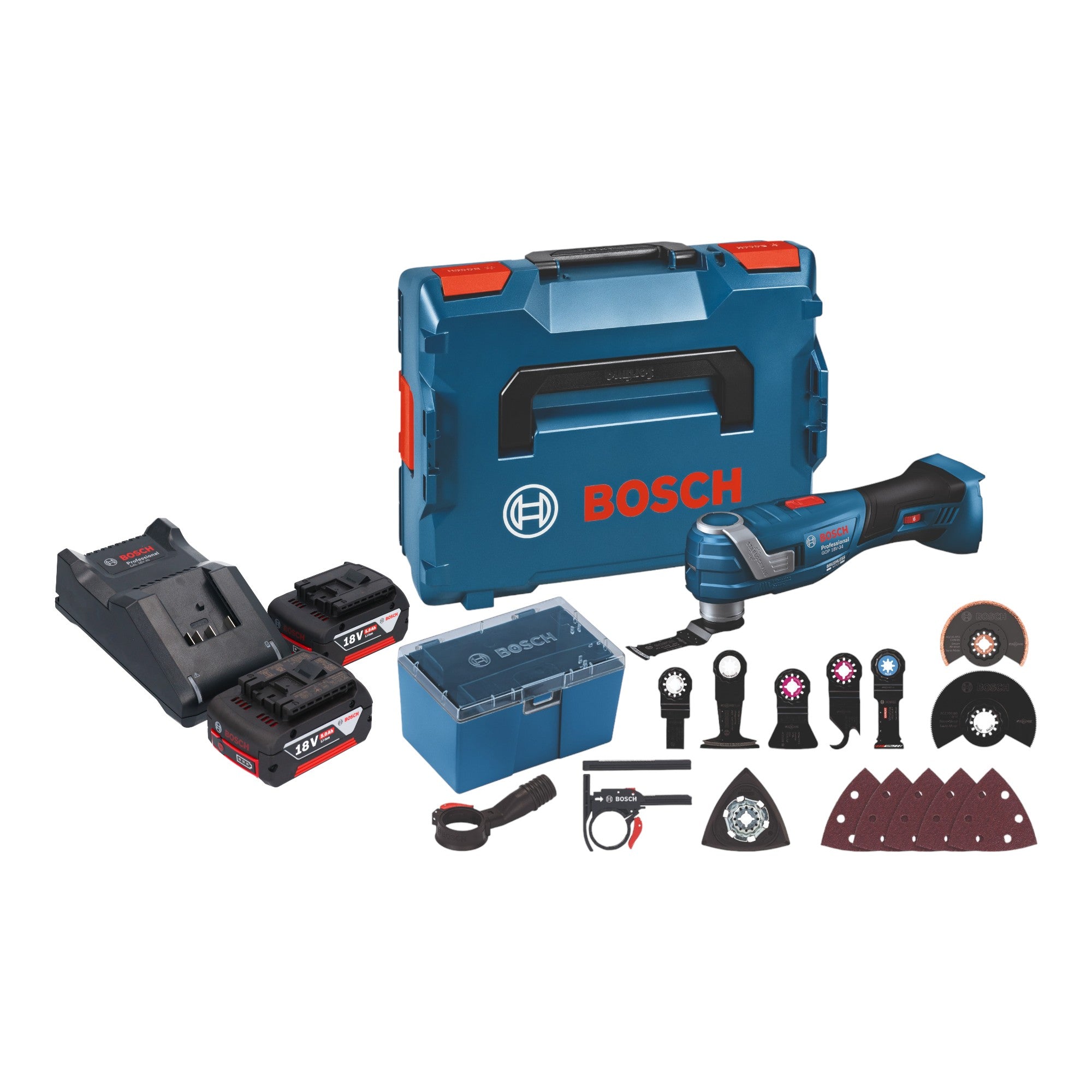 Bosch GOP 18V 34 Professional Akku Multi Cutter 18 V Starlock Plus 2x Akku 5 0 Ah Ladegeraet 17 tlg Zubehoer L Boxx 0 - toolbrothers