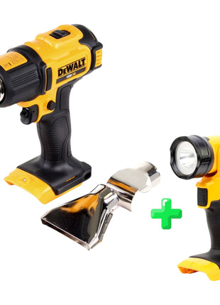 DeWalt DCE 530 N Akku Heißluftpistole 18V 530°C Solo + Flächen- und Reflektordüse + DeWalt DCL 040 18V XR Li-Ion Akku Lampe