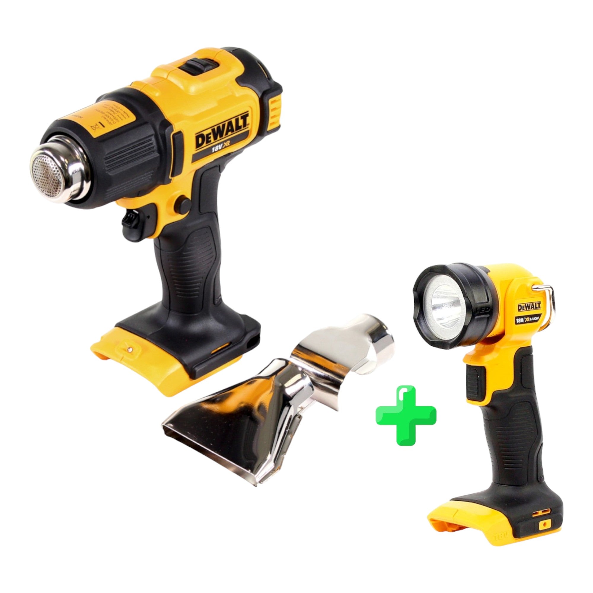 DeWalt DCE 530 N Akku Heissluftpistole 18V 530 C Solo Flaechen und Reflektorduese DeWalt DCL 040 18V XR Li Ion Akku Lampe 1 - toolbrothers