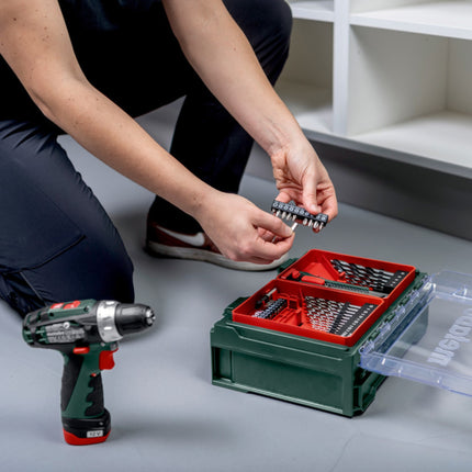 Metabo PowerMaxx SB Basic Set akumulatorowa wiertarko-wkrętarka udarowa 12 V 34 Nm ( 600385710 ) + 2x akumulator 2,0 Ah + ładowarka + 41-częściowy zestaw akcesoriów + walizka