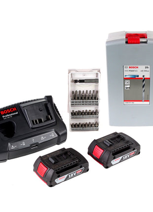 Bosch Professional GSR 18V-21 Akku Bohrschrauber 18V 55Nm + 2x Akku 2,0Ah + Ladegerät + Spiralbohrer Set + Bit Set + Koffer - Toolbrothers