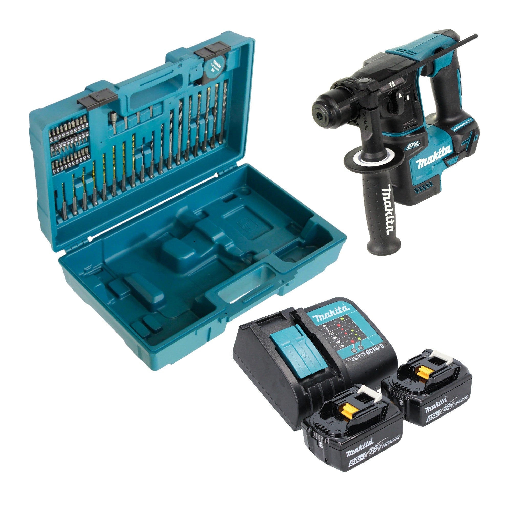 Makita DHR 171 SGX3 Akku Bohrhammer 18 V 1 2 J SDS Plus Brushless 2x Akku 6 0 Ah Ladegeraet 65 tlg Zubehoer Set Koffer 0 - toolbrothers