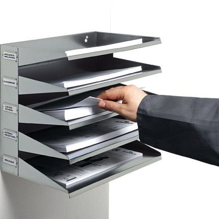 Wytrzymała stacja sortowania ( 9000493660 ) 5 przedziałów z blachy stalowej w kolorze jasnoszarym, RAL 7035