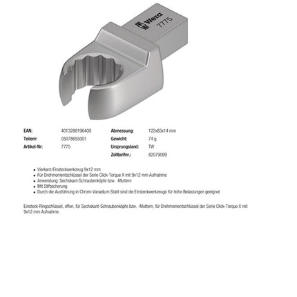 Klucz puszkowy Wera 7775 ( 8000377418 ) Szerokość między płaskownikami 17 mm 9 x 12 mm