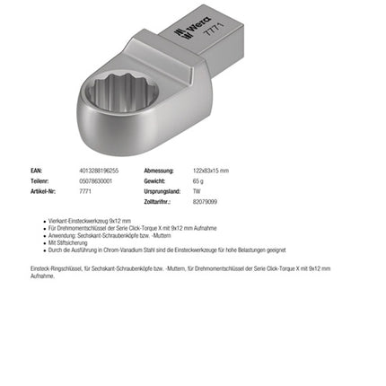 Klucz płasko-oczkowy Wera 7771 ( 8000377406 ) Szerokość między płaskownikami 17 mm 9 x 12 mm