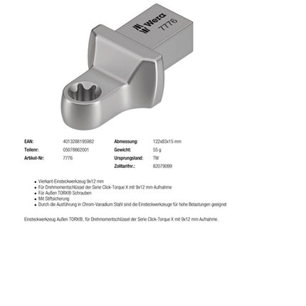 Klucz nasadowy Wera 7776 ( 8000377438 ) Szerokość w poprzek TX 10 9 x 12 mm