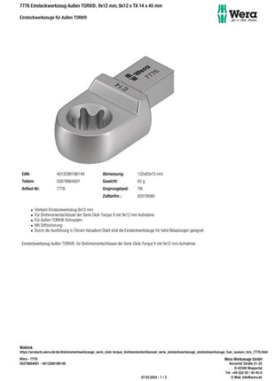 Klucz nasadowy Wera 7776 ( 8000377440 ) Szerokość w poprzek TX 14 9 x 12 mm