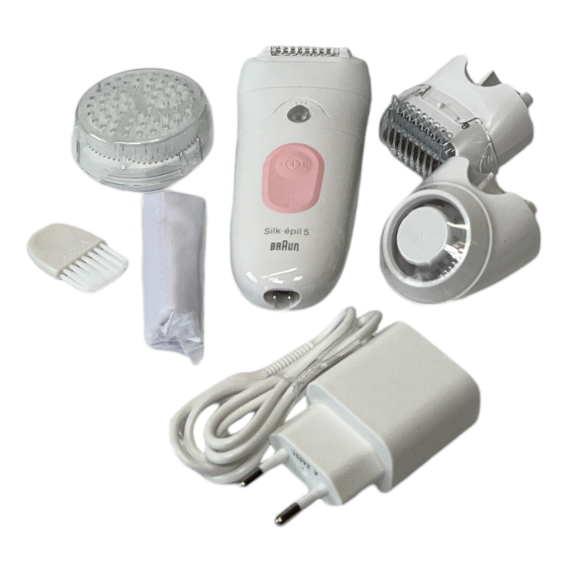 BRAUN Silk Epil 5-060 – depilator damski zapewniający długotrwałe usuwanie włosów + nasadka trymera + nasadka peelingująca, kolor biały / różowy flamingo