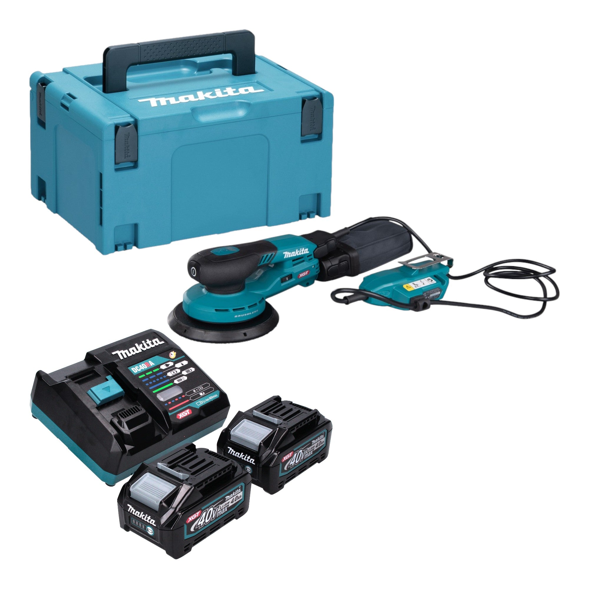 Makita BO 002 CGM201 Akku Exzenterschleifer 40 V max 150 mm 5 0 mm Hub Brushless 2x Akku 4 0 Ah Ladegeraet Makpac 0 - toolbrothers