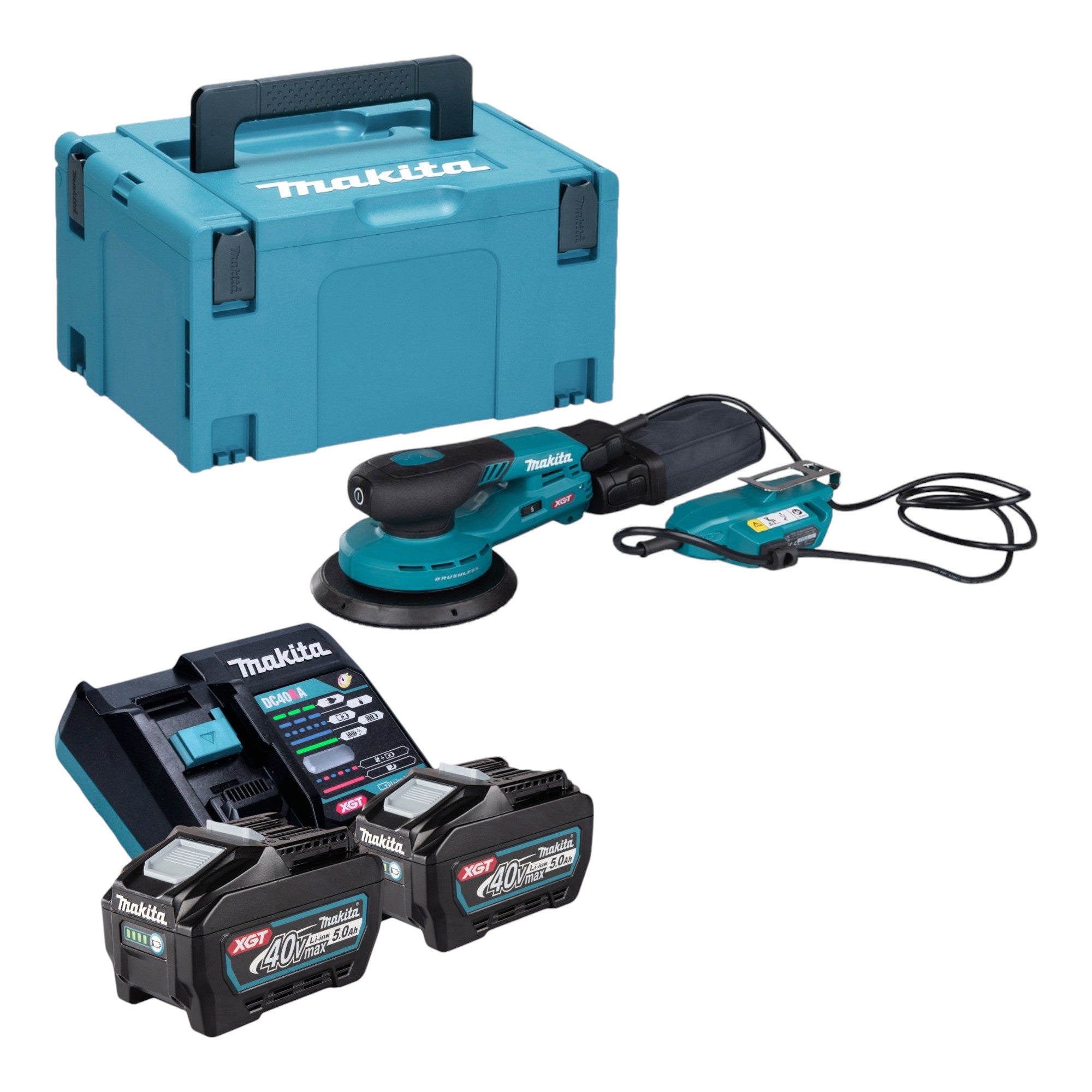 Makita BO 002 CGT201 Akku Exzenterschleifer 40 V max 150 mm 5 0 mm Hub Brushless 2x Akku 5 0 Ah Ladegeraet Makpac 0 - toolbrothers