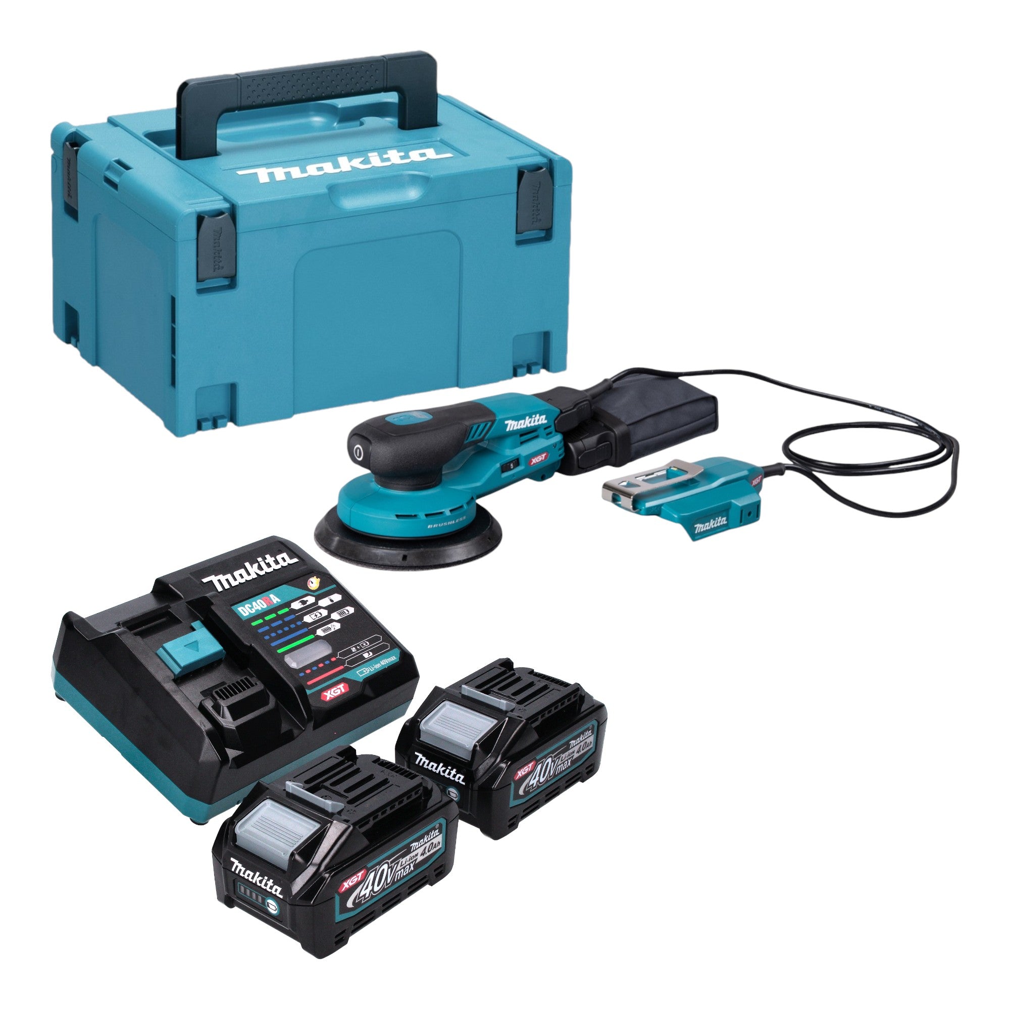 Makita BO 004 CGM201 Akku Exzenterschleifer 40 V max 150 mm 3 0 mm Hub Brushless 2x Akku 4 0 Ah Ladegeraet Makpac 0 - toolbrothers