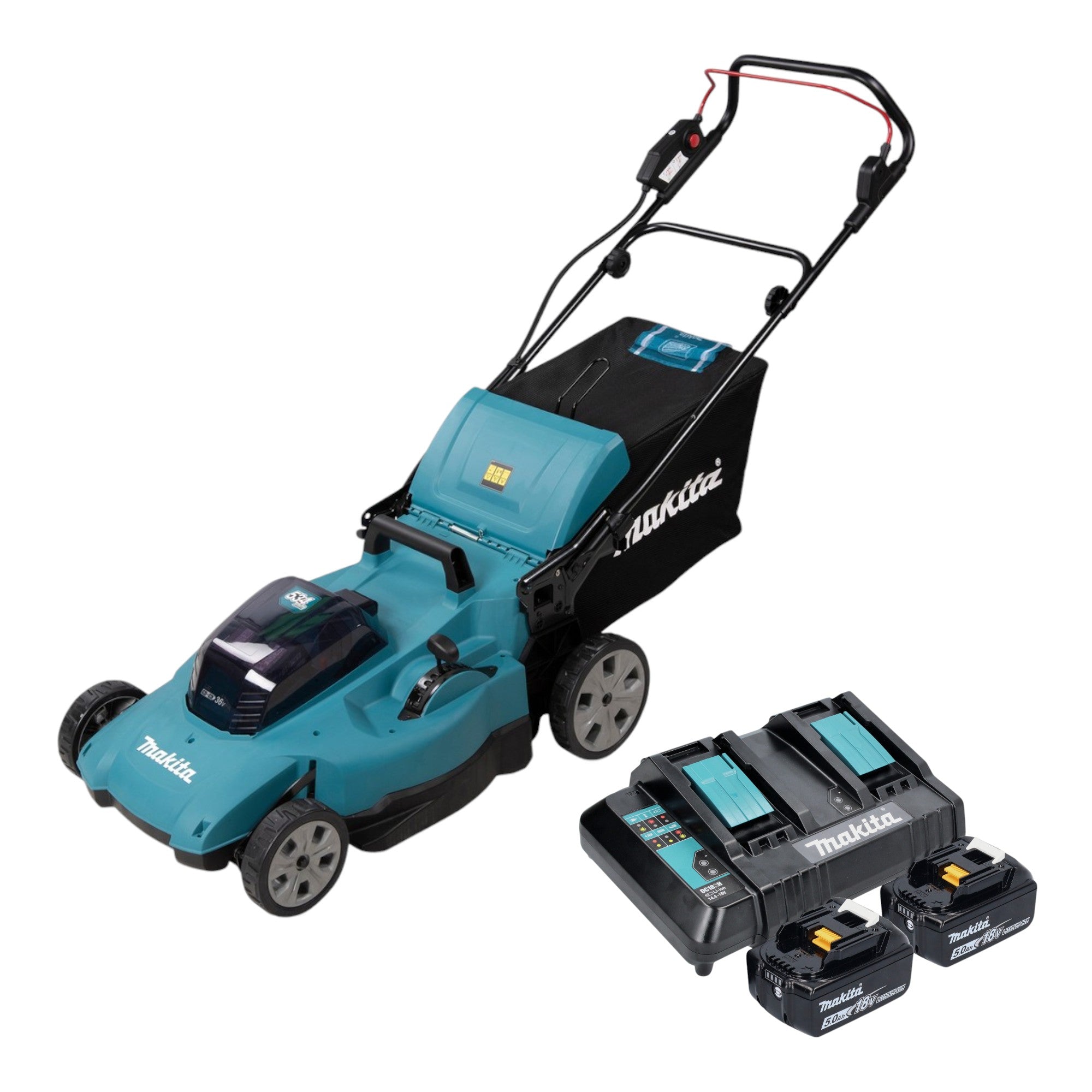Makita DLM 538 CT2 Akku Rasenmaeher 36 V 2x 18 V 530 mm 2x Akku 5 0 Ah Ladegeraet 0 - toolbrothers