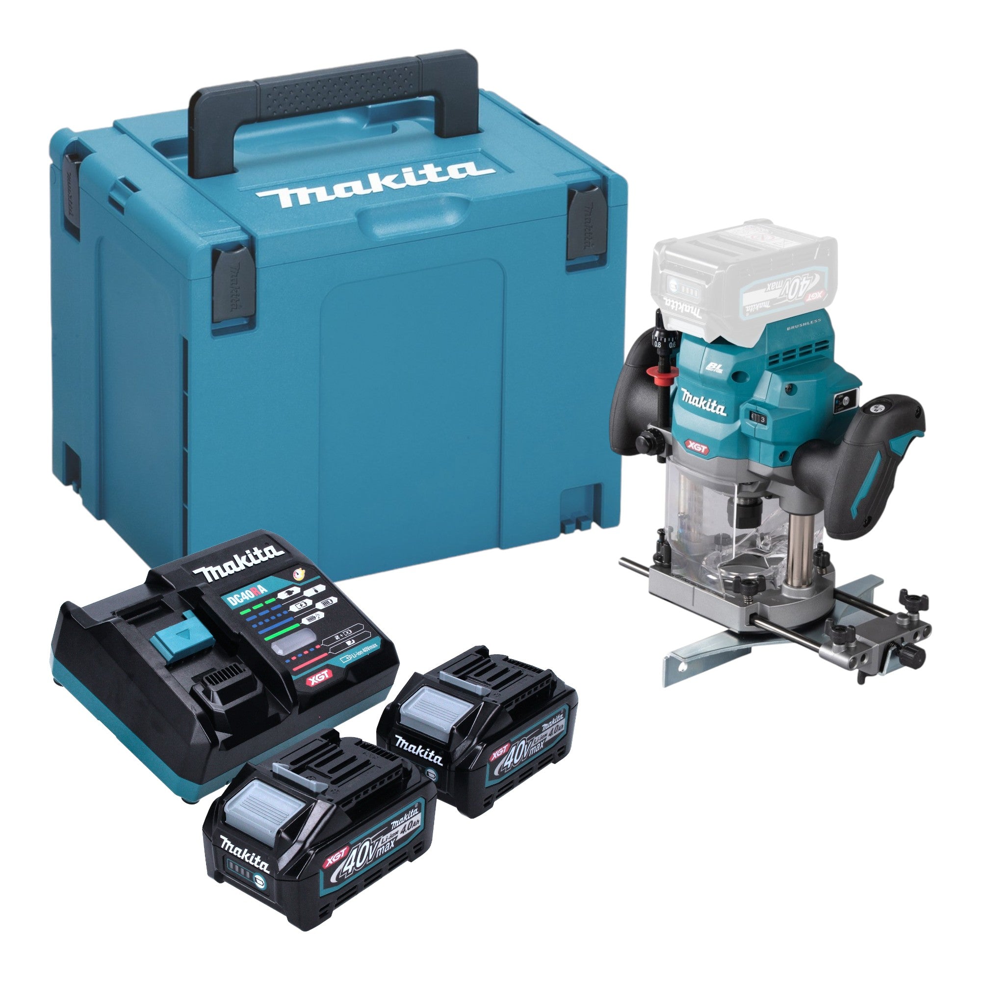 Makita RP 001 GM201 Akku Oberfraese 40 V max 12 mm Brushless 2x Akku 4 0 Ah Ladegeraet Makpac 0 - toolbrothers
