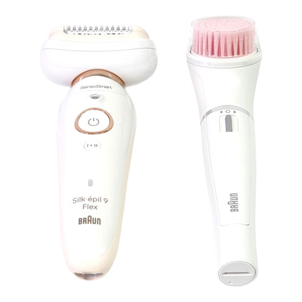 BRAUN Silk-épil 9 Flex 9-100 zestaw kosmetyczny depilator damski / depilator + szczoteczka do oczyszczania twarzy FaceSpa + 9 nasadek + torba biały / złoty