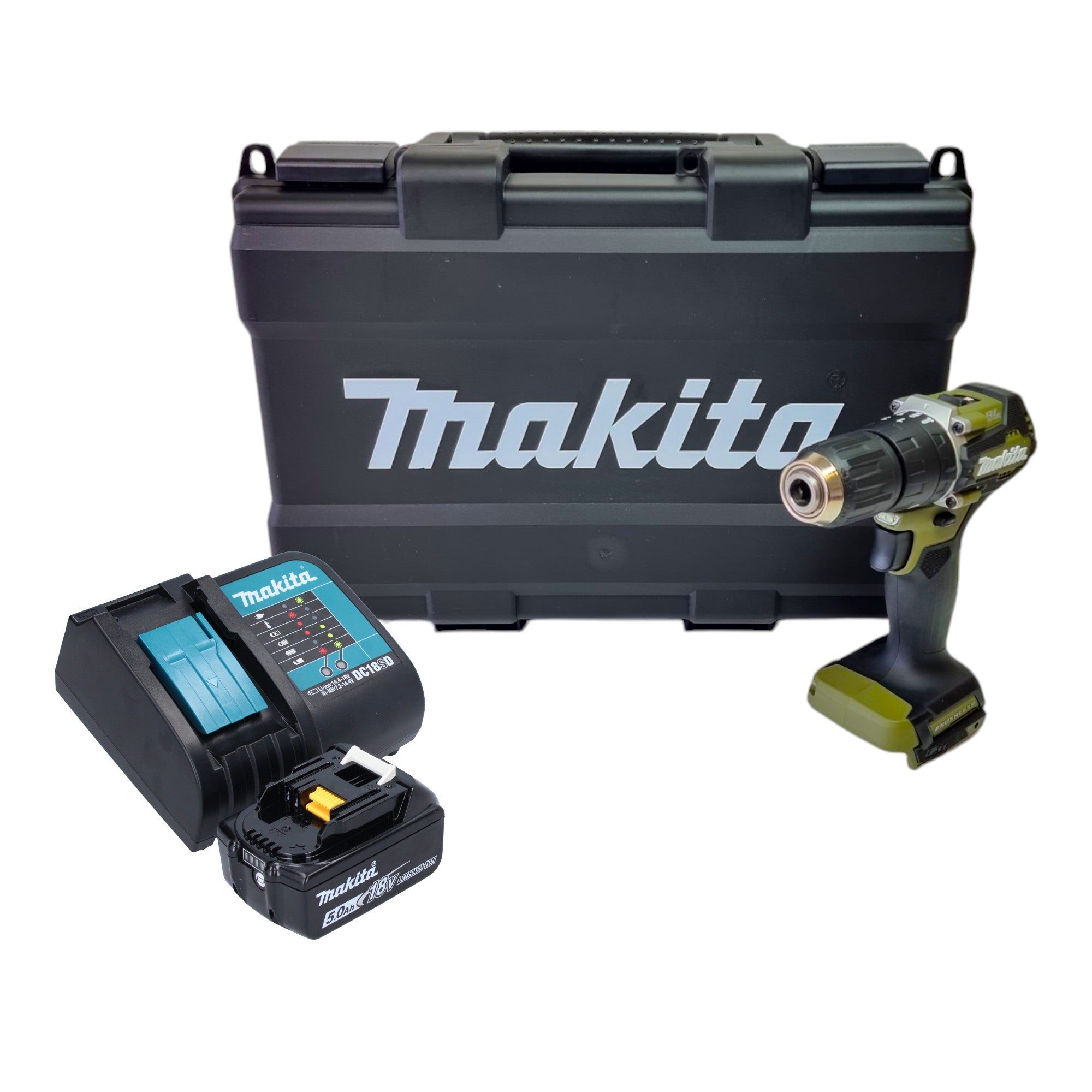 Makita DHP 487 ST1KO Akku Schlagbohrschrauber 18 V 40 Nm Brushless Olive Outdoor Adventure Serie 1x Akku 5 0 Ah Ladegeraet Koffer 0 - toolbrothers