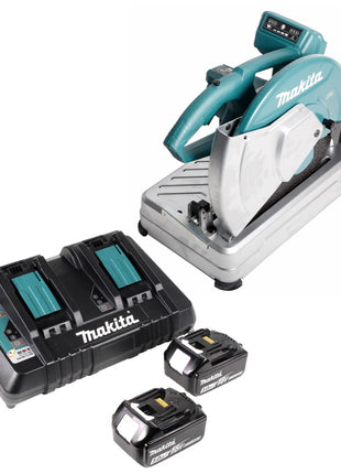 Makita DLW 140 PT Akku Trennschleifmaschine 2 x 18 V 355 mm + 2x 5,0 Ah Akku und Doppelladegerät - Toolbrothers