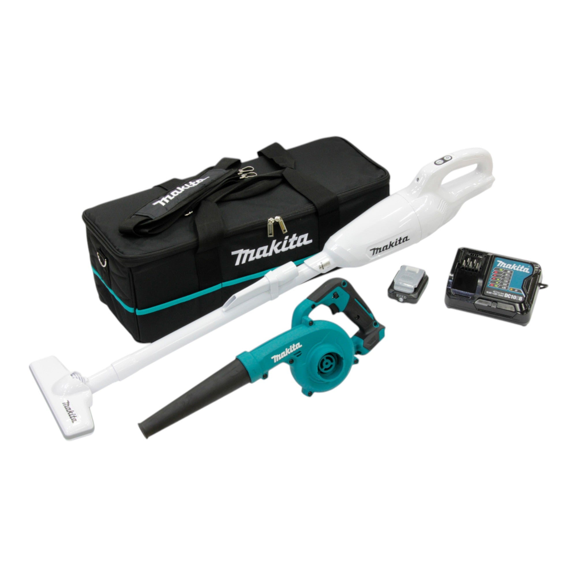 Makita CLX 245 SAX1 Akku Kombo Kit 12 V max CL 108 FDW Staubsauger 0 6 l Weiss UB 100 D Geblaese 75 m s 1x Akku 2 0 Ah Ladegeraet Tasche 0 - toolbrothers