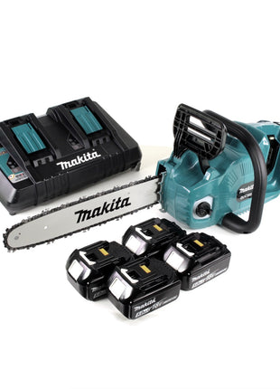 Makita DUC 355 PT4 Akku Kettensäge 36V ( 2x18V ) Brushless 35 cm + 4x 5,0 Ah Akku + Doppelladegerät - Toolbrothers