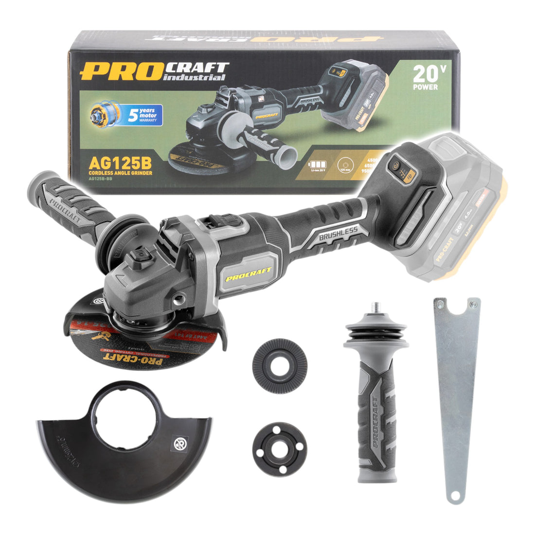 Procraft Industrial AG125Bbb akumulatorowa szlifierka kątowa 20 V 125 mm bezszczotkowa solo - bez akumulatora, bez ładowarki