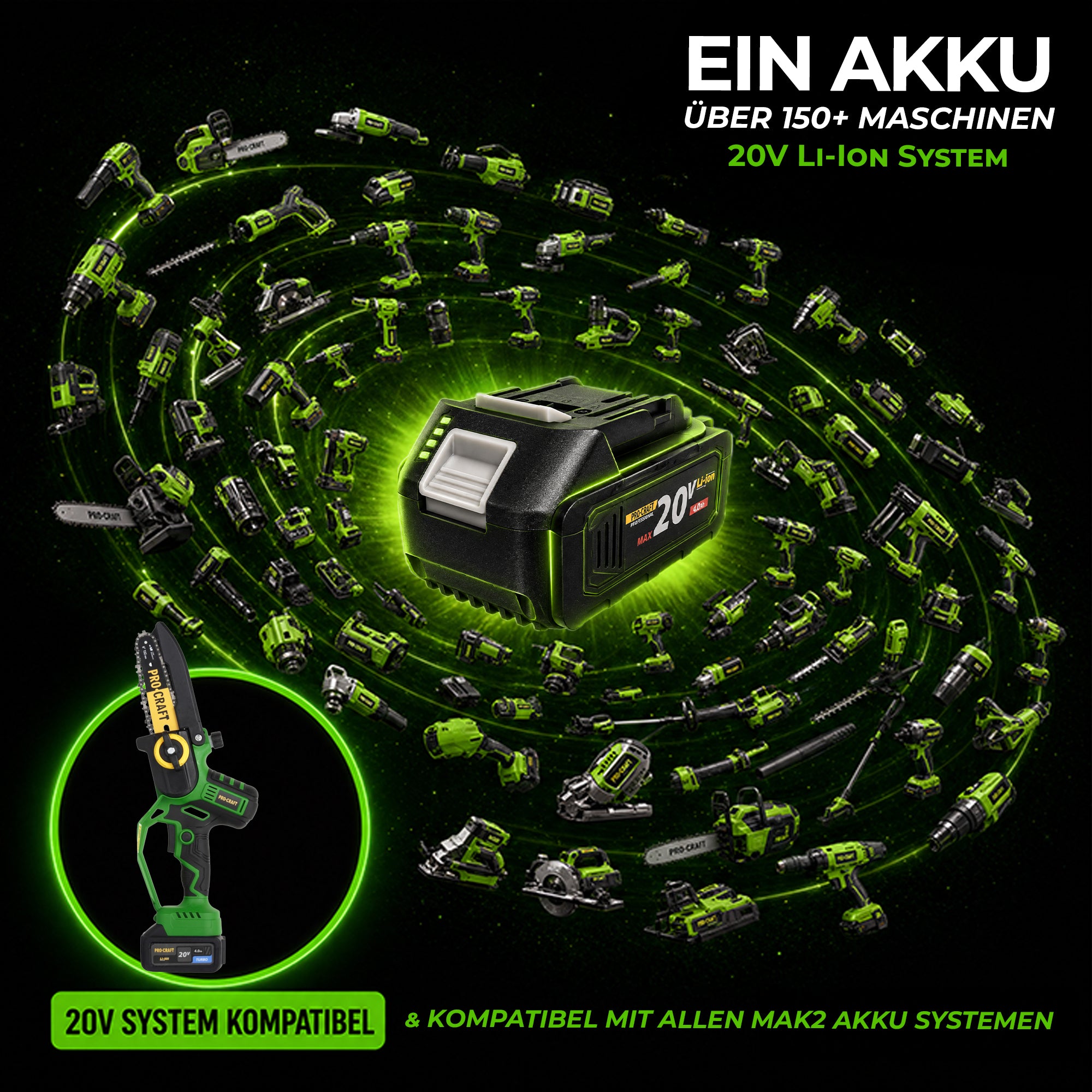 Akumulatorowa pilarka łańcuchowa Procraft PKA32Li 20 V 203 mm bezszczotkowa + 1x akumulator 4,0 Ah + ładowarka + walizka