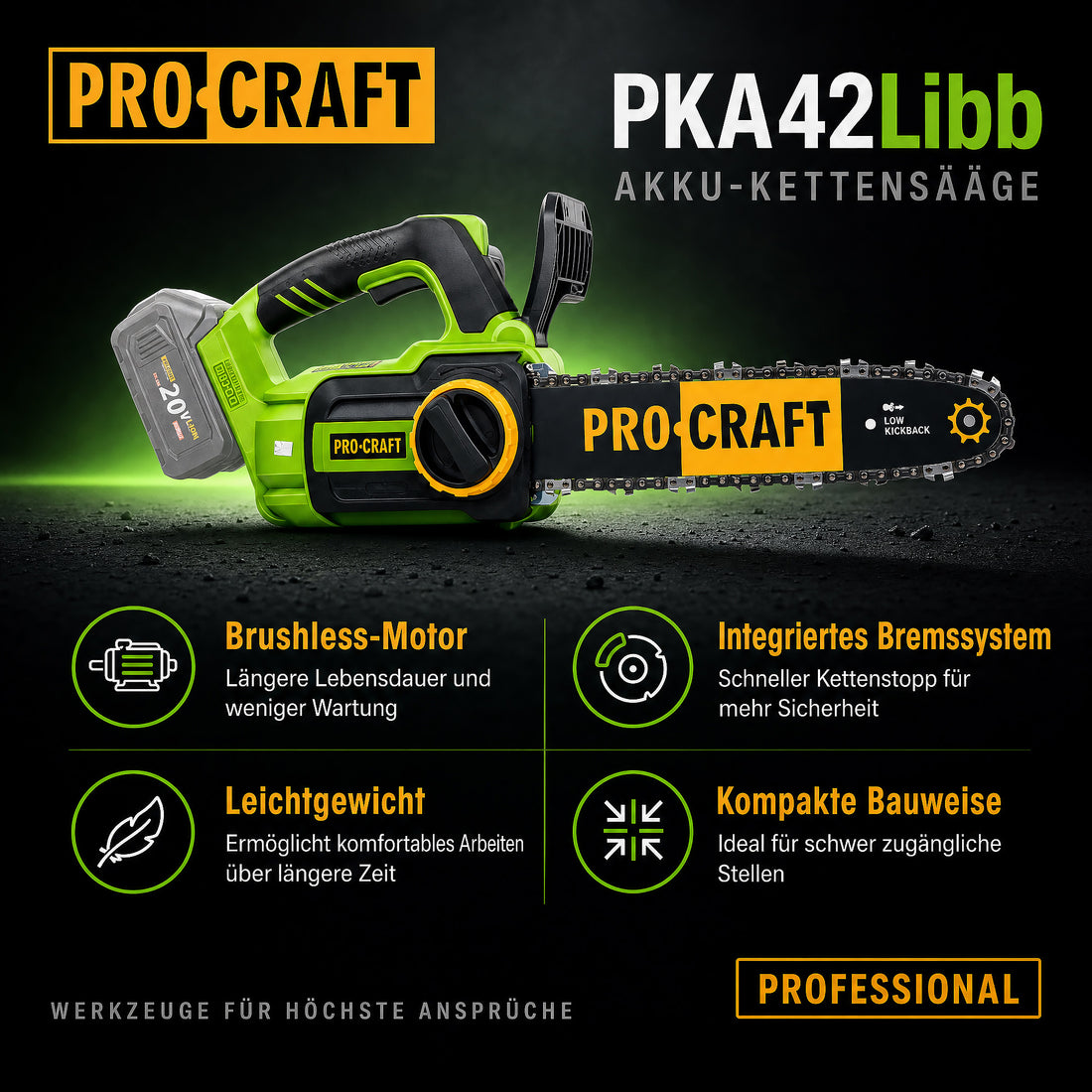 Akumulatorowa pilarka łańcuchowa Procraft PKA42Libb 20 V 304 mm bezszczotkowa solo - bez akumulatora, bez ładowarki