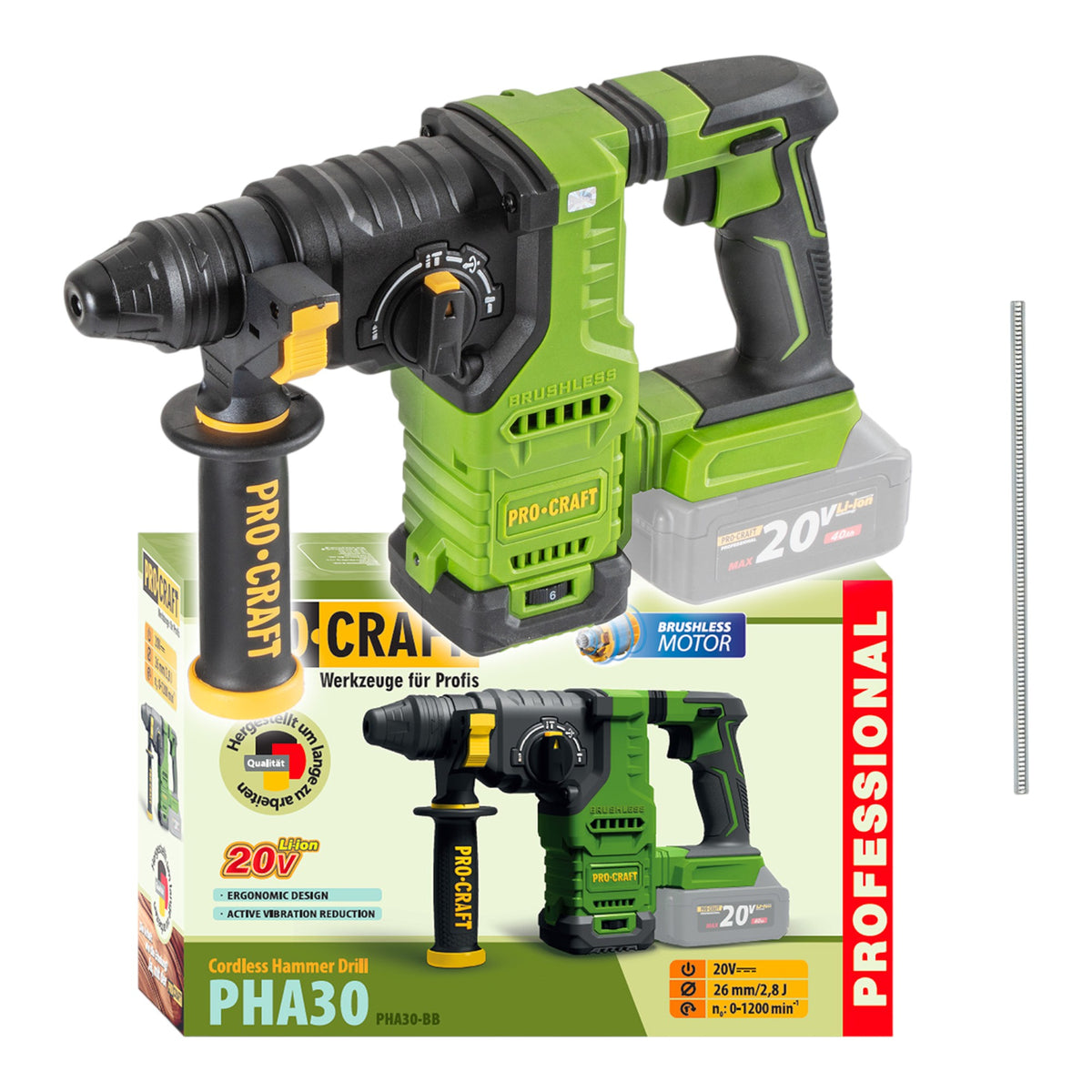 Procraft PHA30bb akumulatorowa wiertarko-wkrętarka udarowa 20 V 2,8 J SDS plus Brushless Solo - bez akumulatora, bez ładowarki