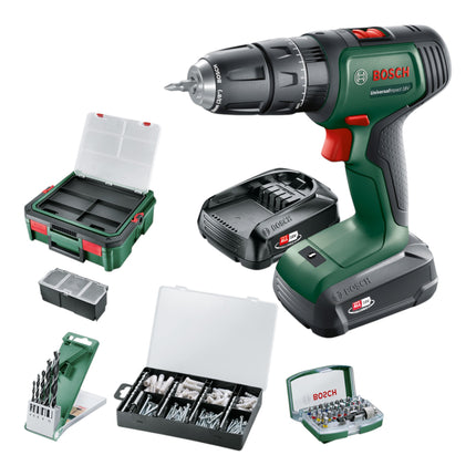 Bosch Universal Impact Akku Schlagbohrschrauber 18 V 34 Nm 06039D4107 2 x Akku 1 5 Ah Ladegeraet Bit Set Duebel Set Box 1 - toolbrothers