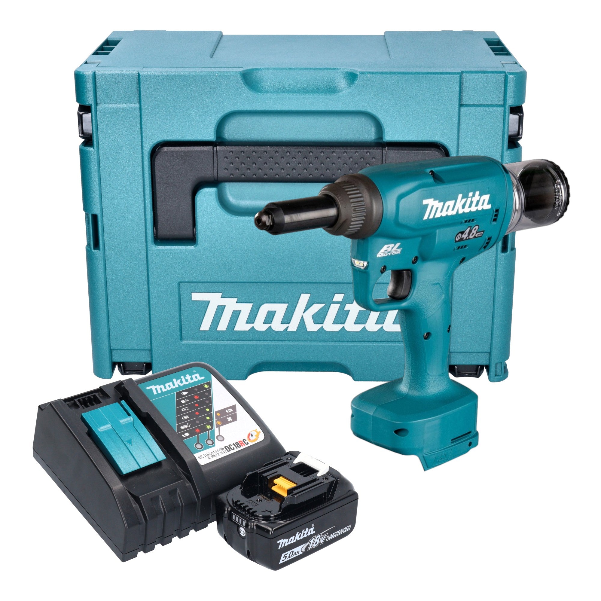 Makita DRV 150 RT1J Akku Blindnietsetzgeraet 18 V 10 kN 2 4 4 8 mm Brushless 1x Akku 5 0 Ah Ladegeraet Makpac 0 - toolbrothers