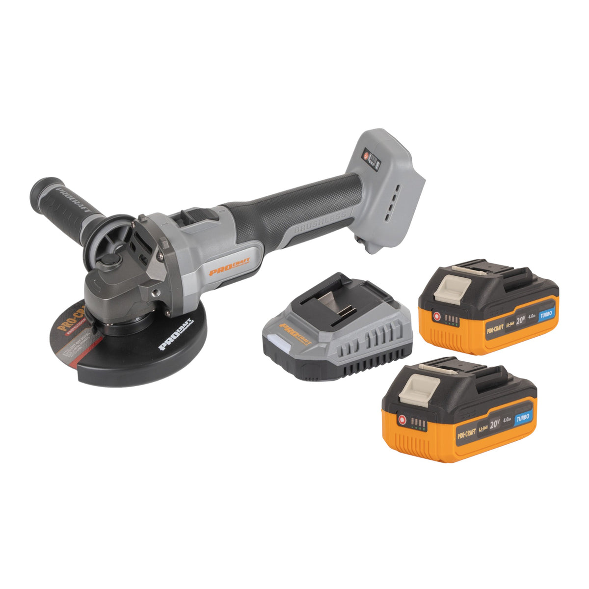 Procraft Industrial AG125Abb Akumulatorowa szlifierka kątowa 20 V 125 mm bezszczotkowa + 2x akumulator 4,0 Ah + ładowarka