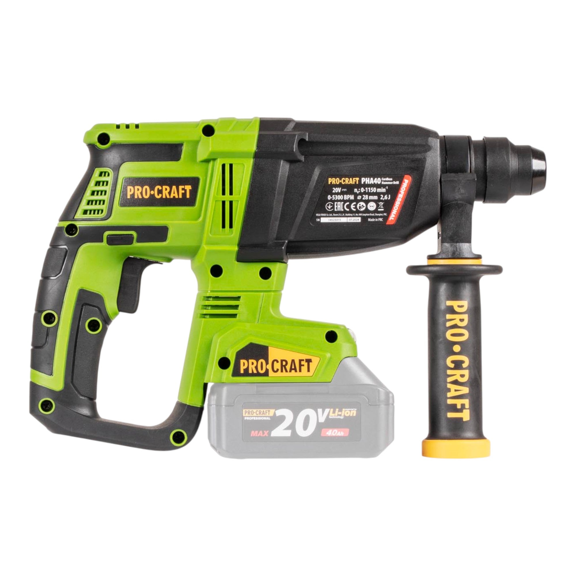 Procraft PHA40bb Akku Bohrhammer 20 V 2 6 J SDS plus Brushless 1x Akku 2 0 Ah ohne Ladegeraet 4 - toolbrothers