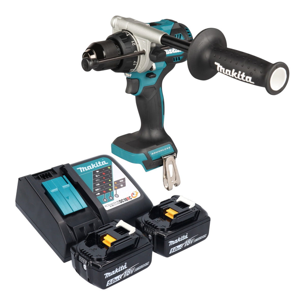Makita DHP 492 RT akumulatorowa wiertarko-wkrętarka udarowa 18 V 141 Nm bezszczotkowa + 2x akumulator 5,0 Ah + ładowarka