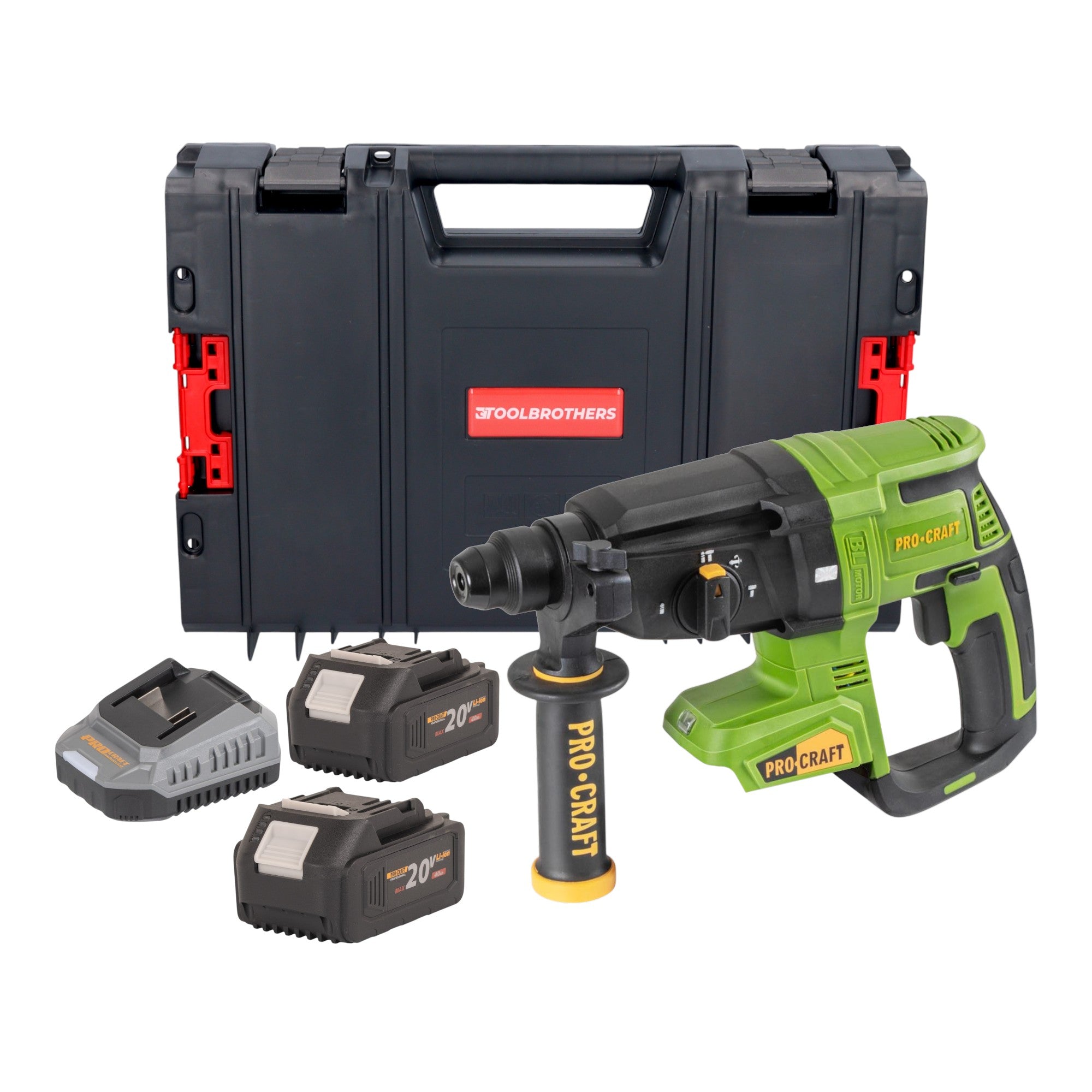 Procraft PHA40bb Akku Bohrhammer 20 V 2 6 J SDS plus Brushless 2x Akku 4 0 Ah Ladegeraet RHINO Toolcase 0 - toolbrothers
