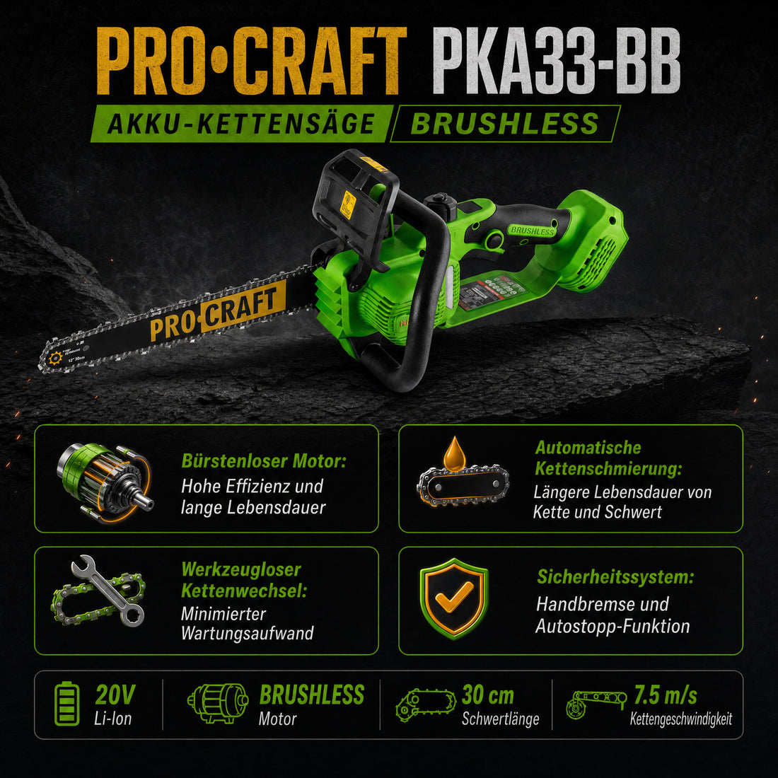 Procraft PKA33-BB Akumulatorowa pilarka łańcuchowa 20 V 304 mm Brushless Solo - bez akumulatora, bez ładowarki
