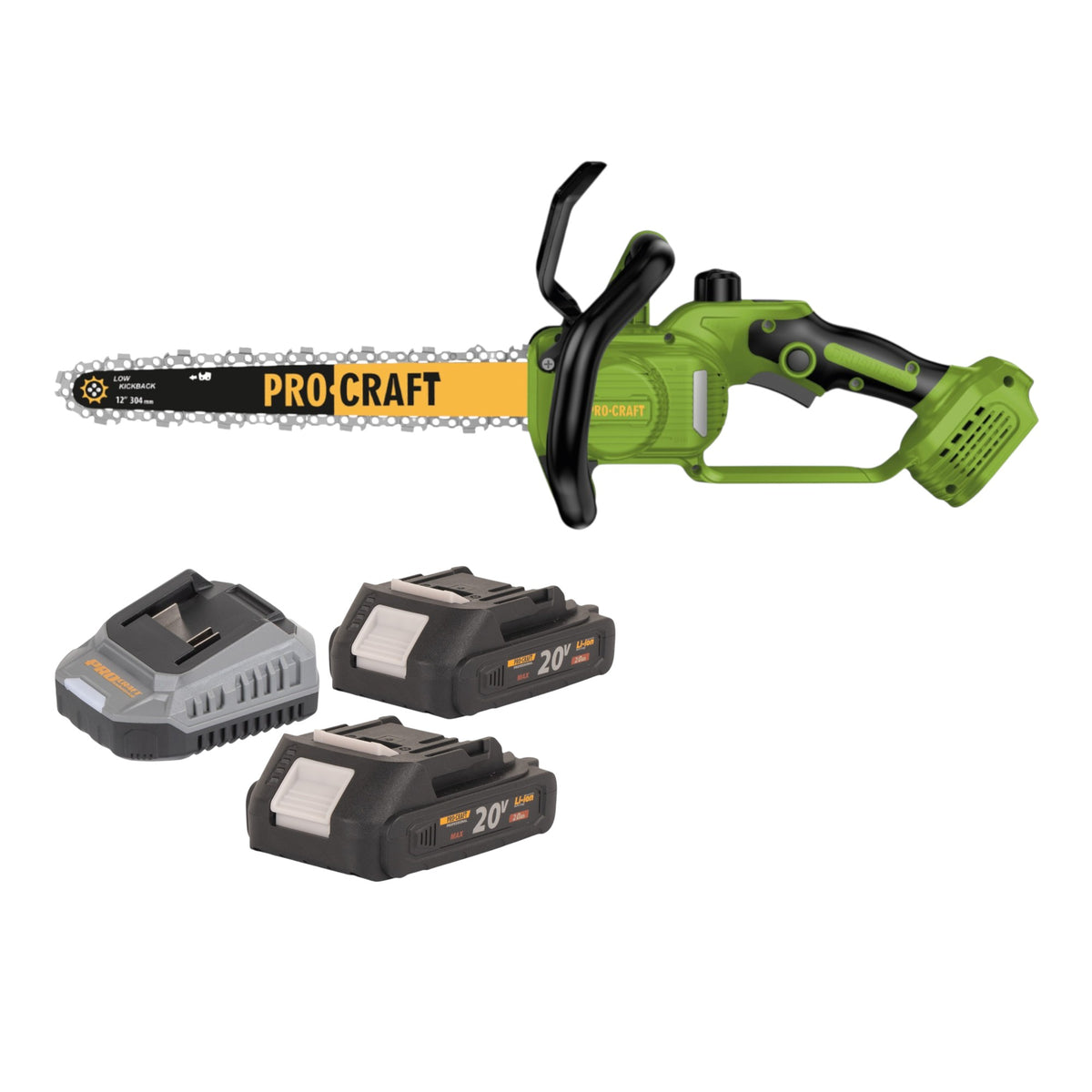 Procraft PKA33-BB akumulatorowa pilarka łańcuchowa 20 V 304 mm bezszczotkowa + 2x akumulator 2,0 Ah + ładowarka