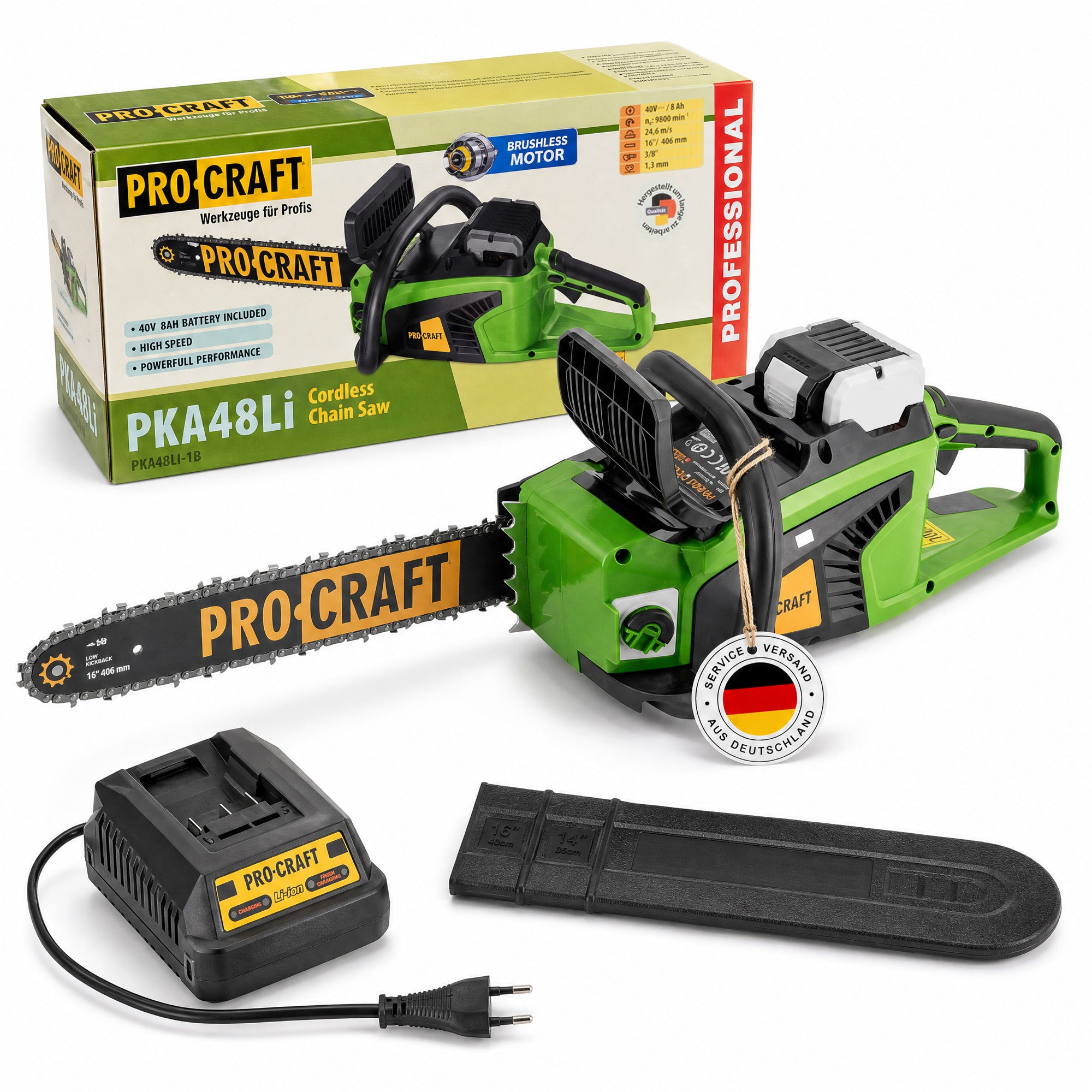 Procraft PKA48Li Akku Kettensaege 40 V 406 mm Brushless 1x Akku 8 0 Ah Ladegeraet 0 - toolbrothers