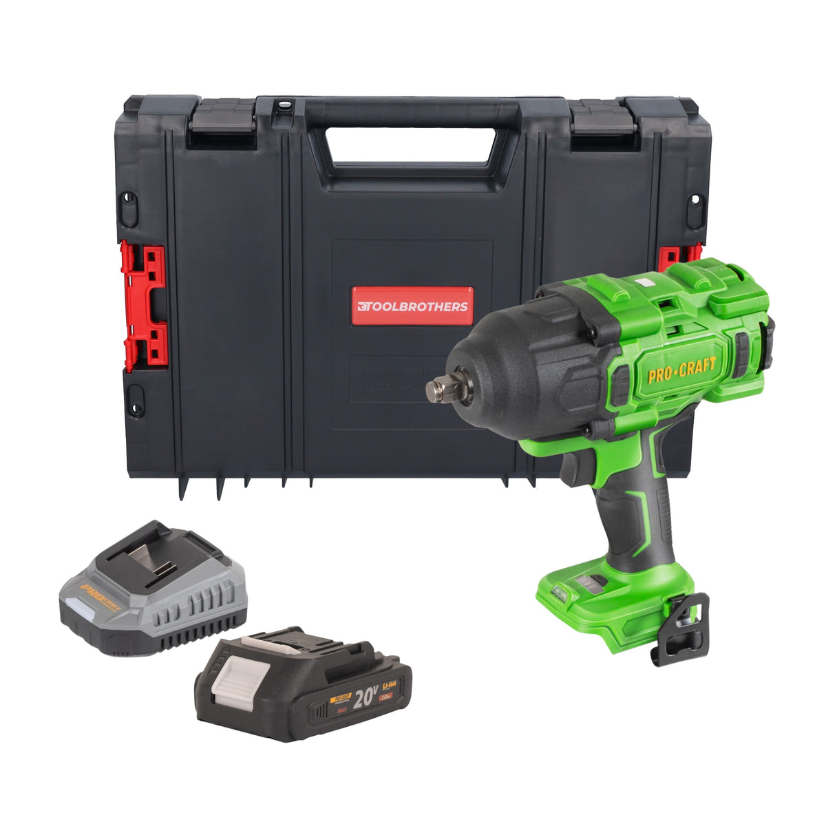 Procraft PWA80bb akumulatorowy klucz udarowy 20 V 1600 Nm 1/2" bezszczotkowy + 1x akumulator 2,0 Ah + ładowarka + walizka narzędziowa RHINO