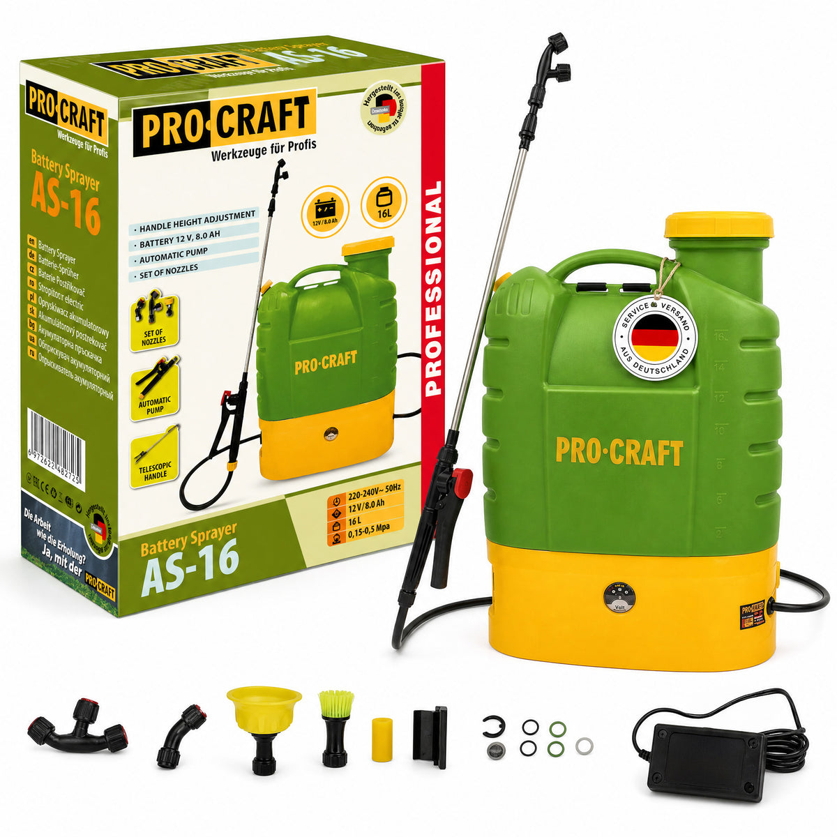 Opryskiwacz akumulatorowy Procraft AS-16 12 V 16 l 5,5 bar + zintegrowany akumulator 8,0 Ah + ładowarka