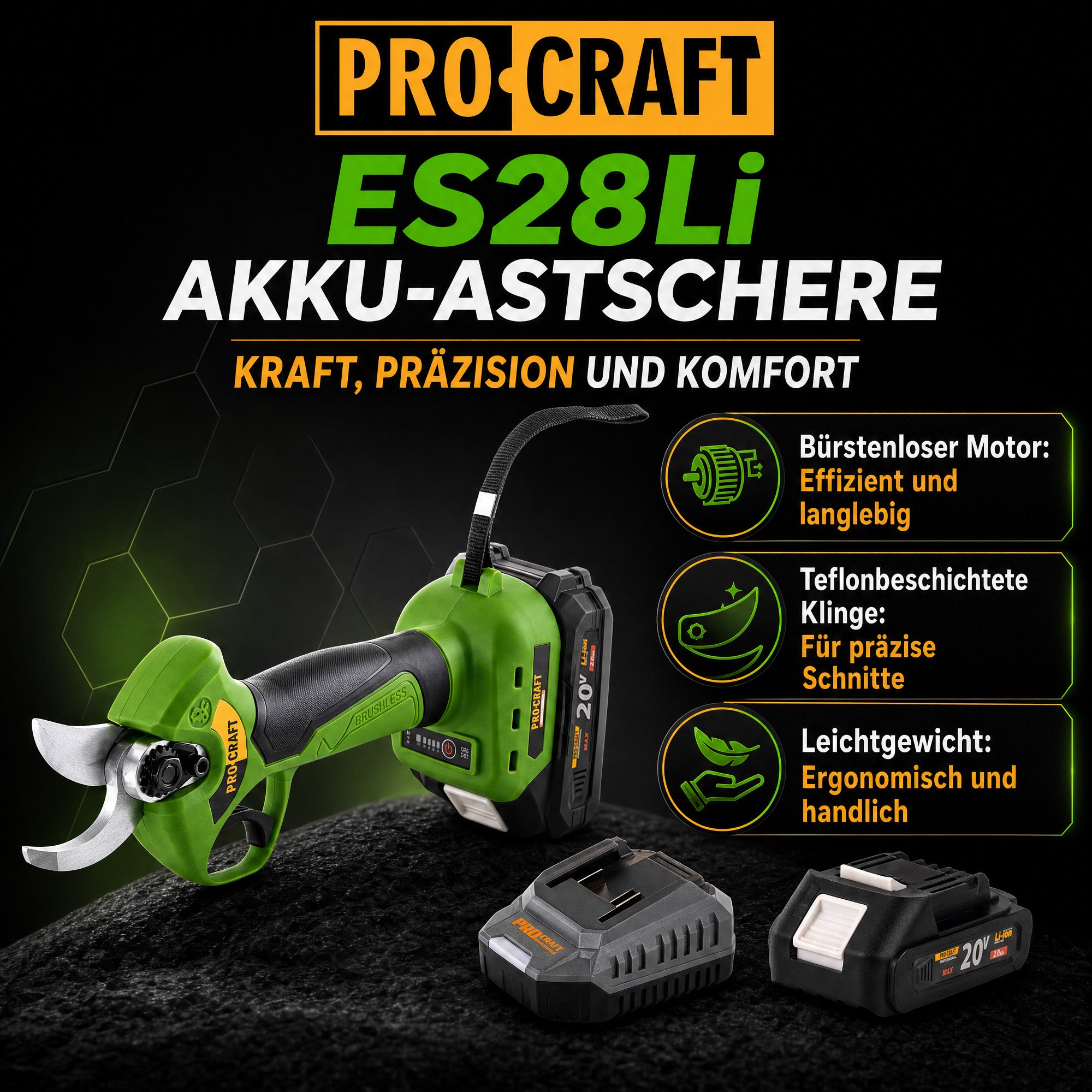 Procraft ES28Li bb Akku Astschere Gartenschere 20 V 25 mm 2x Akku 2 0 Ah Ladegeraet 1 - toolbrothers
