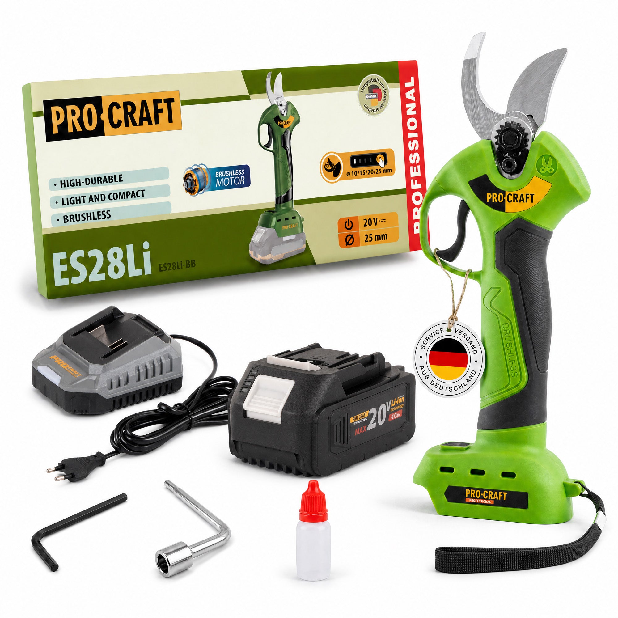Procraft ES28Li bb Akku Astschere Gartenschere 20 V 25 mm 1x Akku 4 0 Ah Ladegeraet 0 - toolbrothers